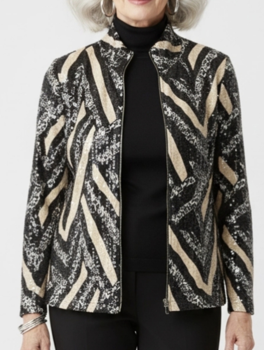 Exclusively Misook Sparkly Shiny Mixed Leopard Print Full Zip Collar Jacket Sz L